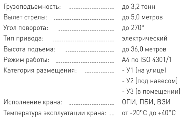 Технические характеристики - Кран консольный на колонне с электрическим приводом ККМ6 (угол поворота угол 270°) г/п до 3,2 тн