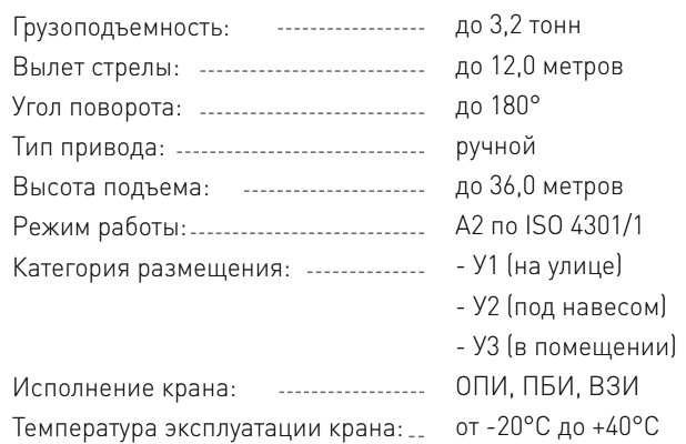 Технические характеристики крана консольного настенного с ручным поворотом консоли ККР1 г/п до 3,2 тн