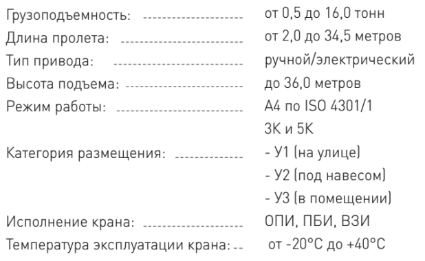 Технические характеристики - Кран мостовой опорный однобалочный г/п 0,5-16,0 тн