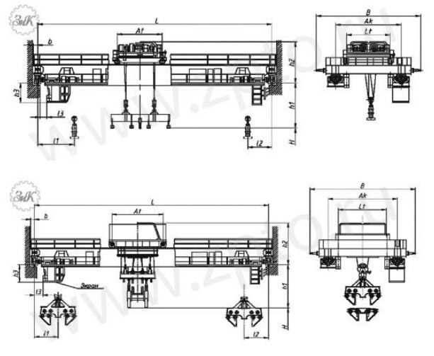 Габаритные схемы и характеристики кранов КМЭСТВг и  КМЭСТВж